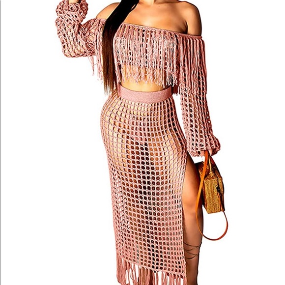 Bohemian Dreams Dresses & Skirts - Blush Pink Crochet Tassel Skirt & Top Set Cover Up